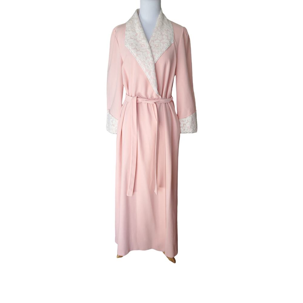 Vintage Vanity Fair Belted Robe House Coat Pink Peach Coral Cream Lace Sz Small